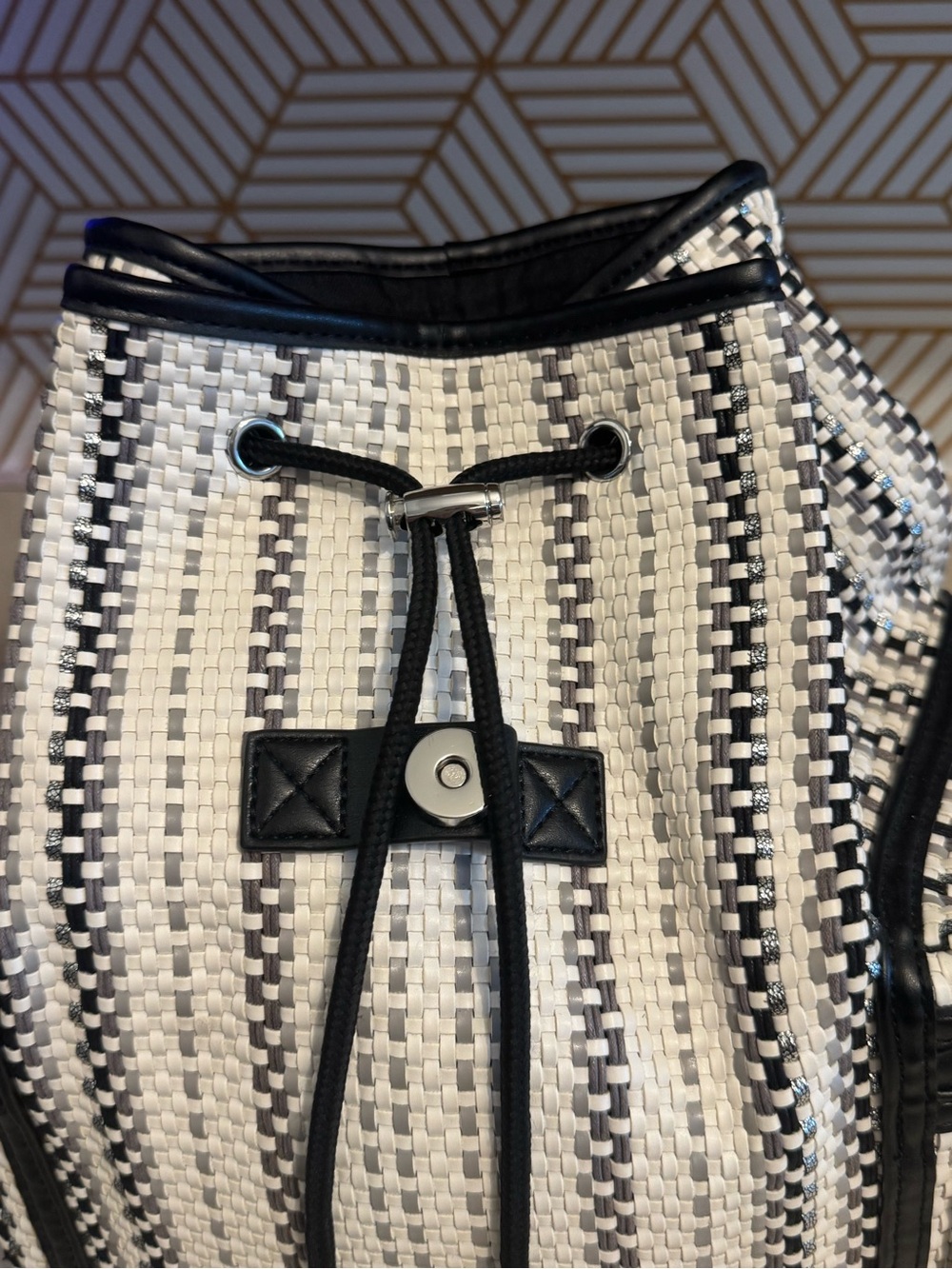 NWOT Ted Baker Allizza Black & Cream w/metallic silver woven Stripe Backpack - Picture 3 of 8